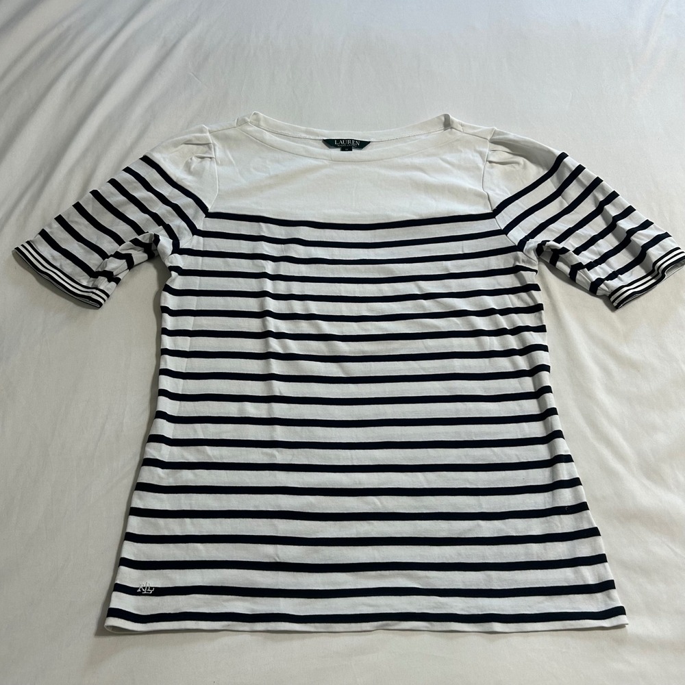 Lauren Ralph Lauren Striped Boat Neck Top Navy White Puff Sleeve 1X n1529